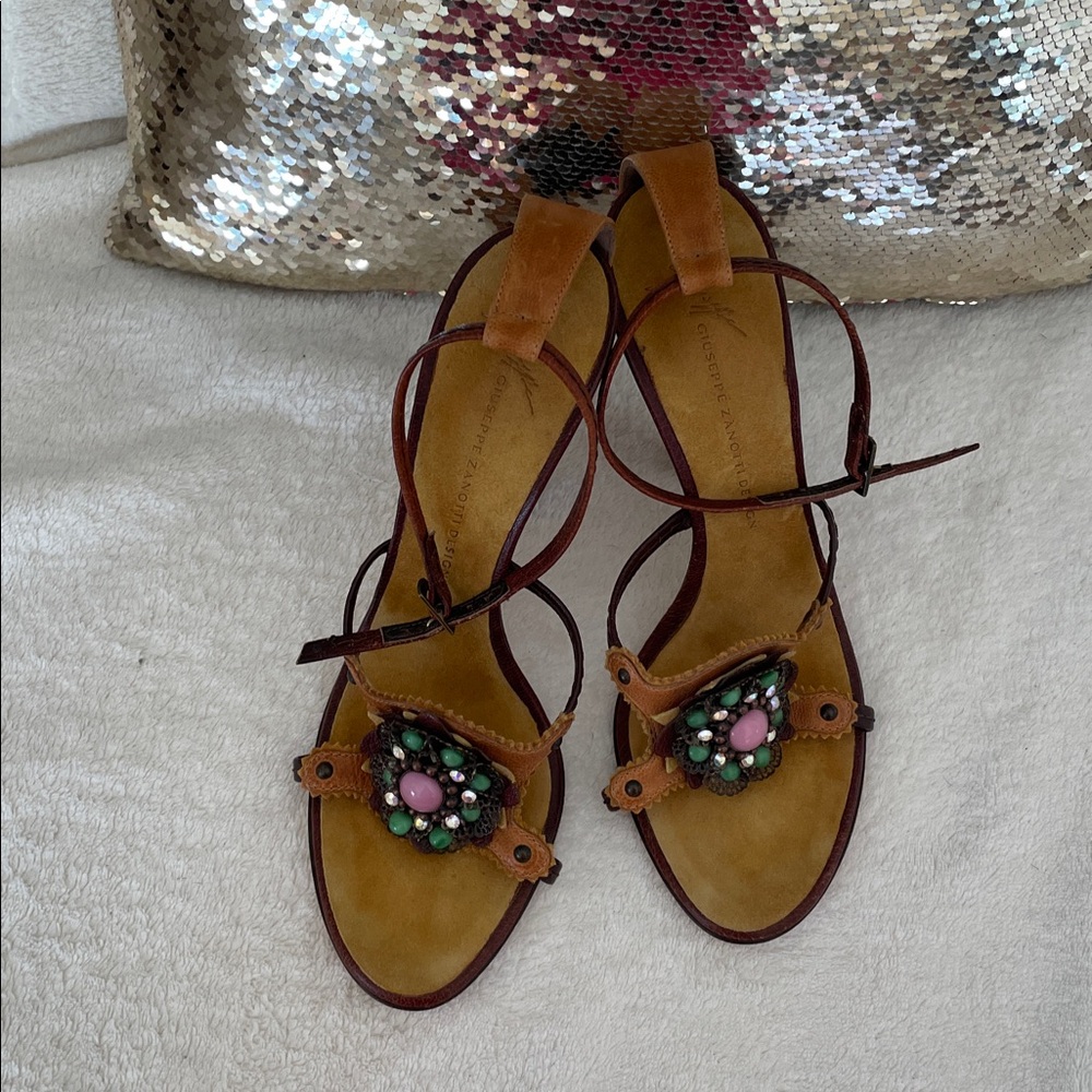 Auth.Giuseppe Zanotti Brown Suede Leather Beaded Rhinestones Hells 38 US 8
